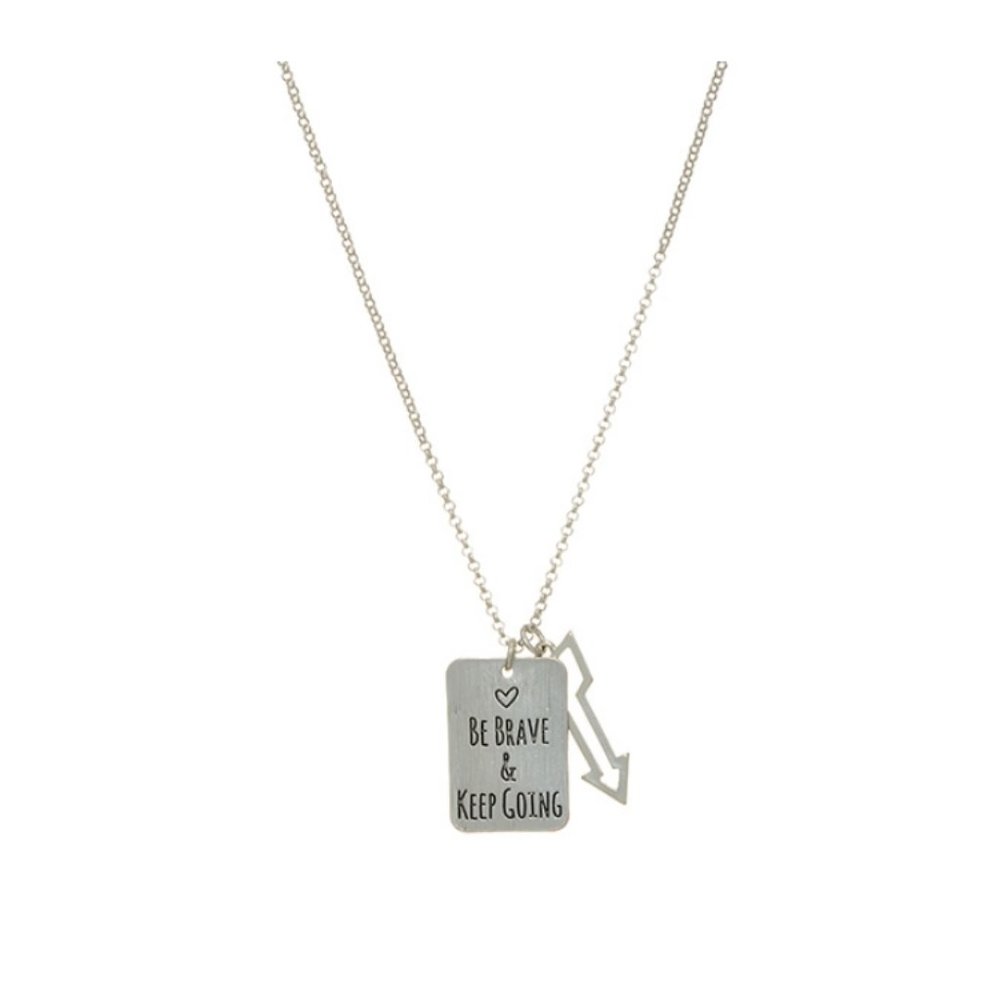 Silvertone "Be Brave And Keep Going" Plate & Arrow Pendant Necklace